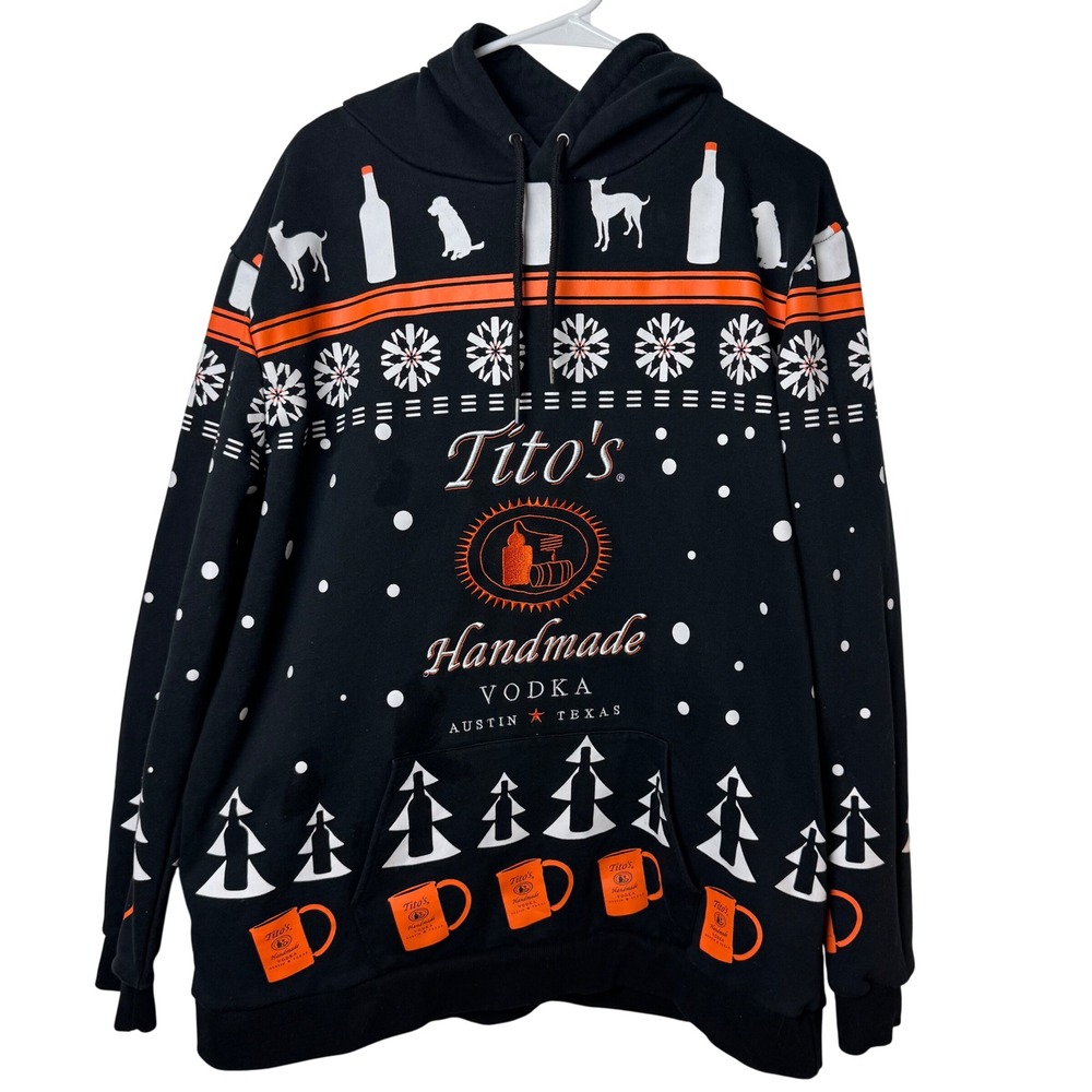 Tito's Handmade Vodka Hoodie Mens XL Black Ugly Christmas Sweater Embroidered
